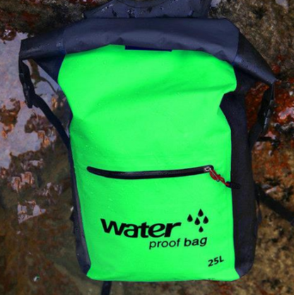 A rugged waterproof mountaineering bag designed for outdoor adventures, featuring durable material and multiple compartments for efficient gear storage. The bag has adjustable padded shoulder straps, a secure top flap, and side pockets for water bottles or tools. Ideal for hiking, climbing, and camping, offering both water resistance and comfort for long treks