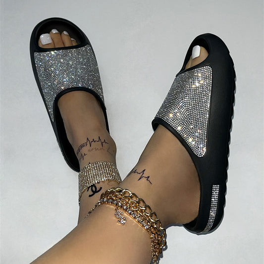 Rhinestone Peep Toe Thick Sole Fashion Slides