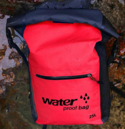 A rugged waterproof mountaineering bag designed for outdoor adventures, featuring durable material and multiple compartments for efficient gear storage. The bag has adjustable padded shoulder straps, a secure top flap, and side pockets for water bottles or tools. Ideal for hiking, climbing, and camping, offering both water resistance and comfort for long treks