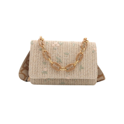 Women's Fashion Straw Small Square Bag Acrylic Chain