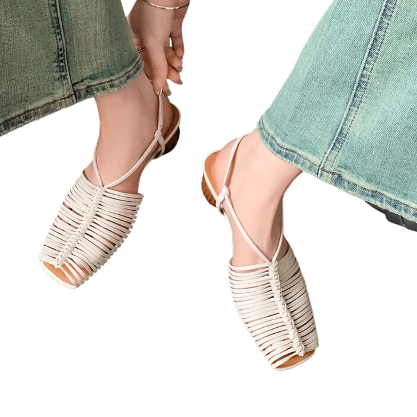 Retro Roman Chunky Heel Square Toe Lace-up Sandals in gold, apricot, cream white, and silver. Stylish design, microfiber material, comfortable 4.5 cm heel height