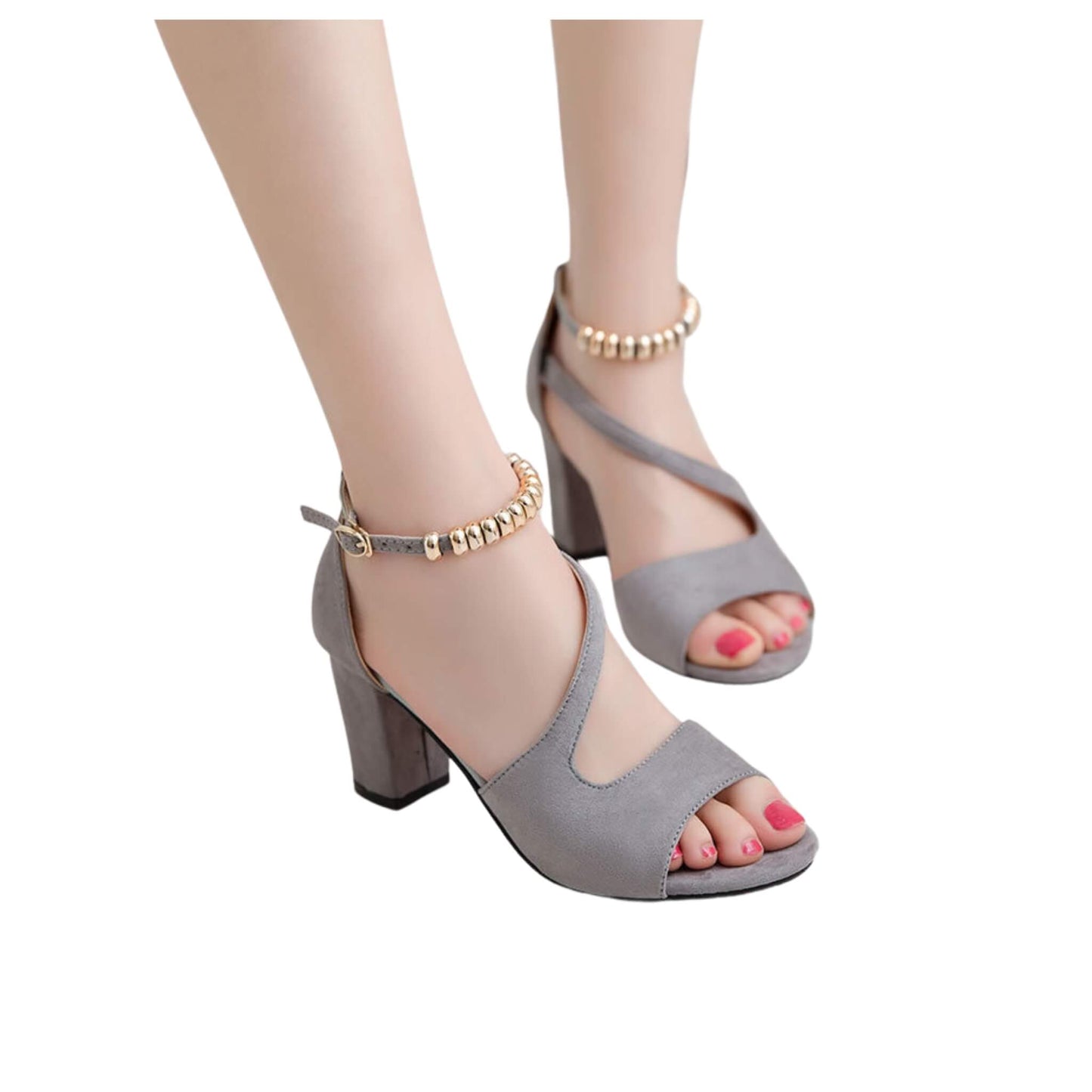 Women's Thick Heel Sandals - Suede Buckle Open Toe, Non-slip