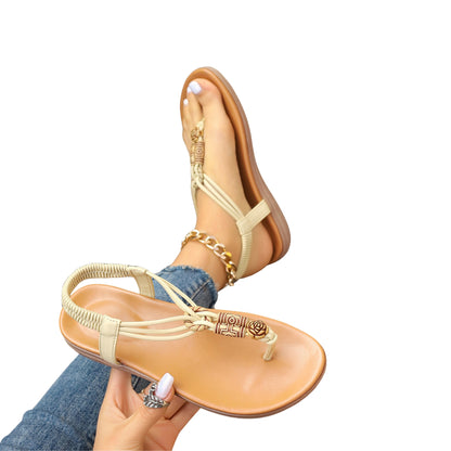 Women’s Roman thong sandals with PU upper, durable rubber sole, round toe, stylish hollow design, breathable side hollow, soft imitation leather lining