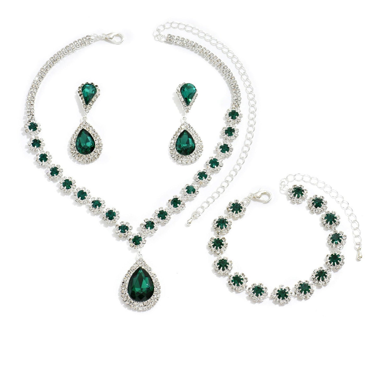 Elegant bridal jewelry set with rhinestone necklace, earrings, and bracelet. Available in White, Sapphire Blue, Red, and Holes Green. Perfect for weddings