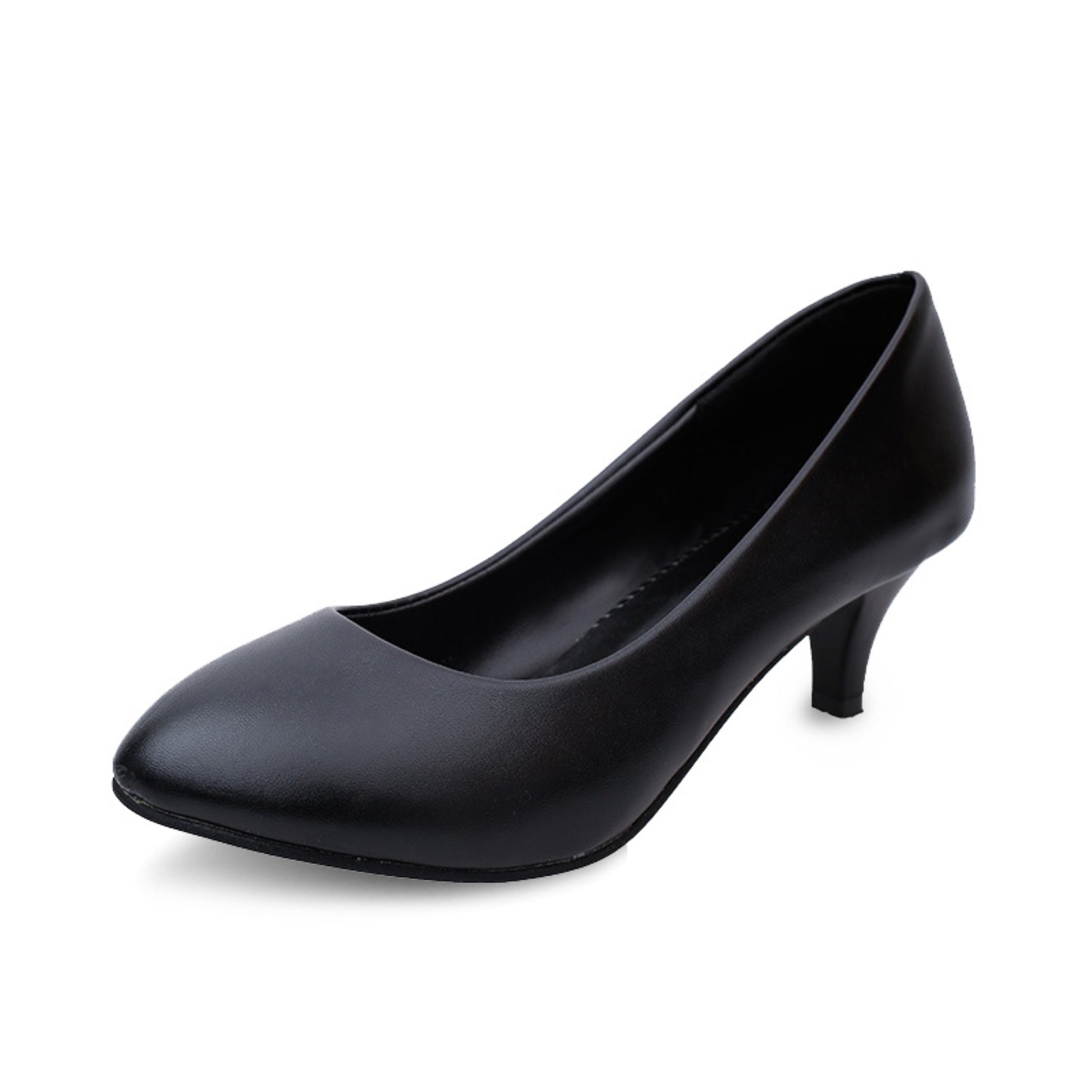 Comfy Round Toe Low Heel Pumps with thick heel and shallow mouth. Made of artificial PU with microfiber lining. Available in black and white, sizes 35-41