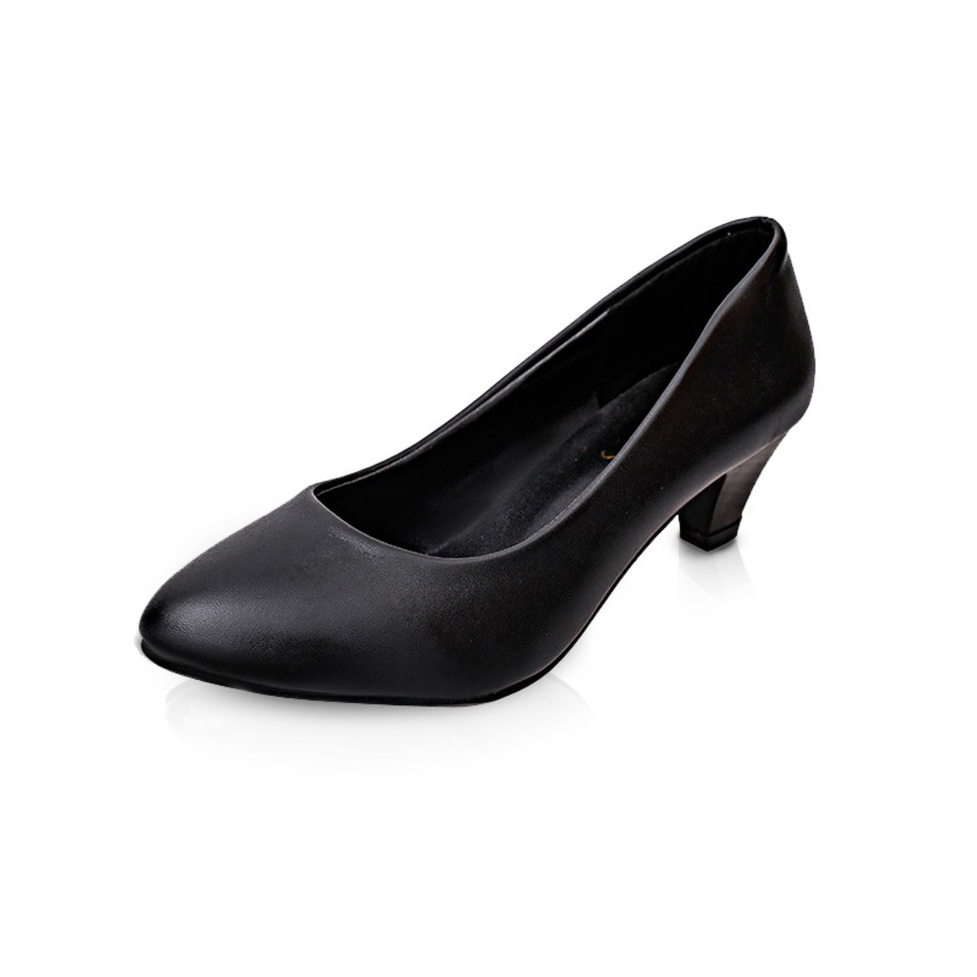 Comfy Round Toe Low Heel Pumps with thick heel and shallow mouth. Made of artificial PU with microfiber lining. Available in black and white, sizes 35-41