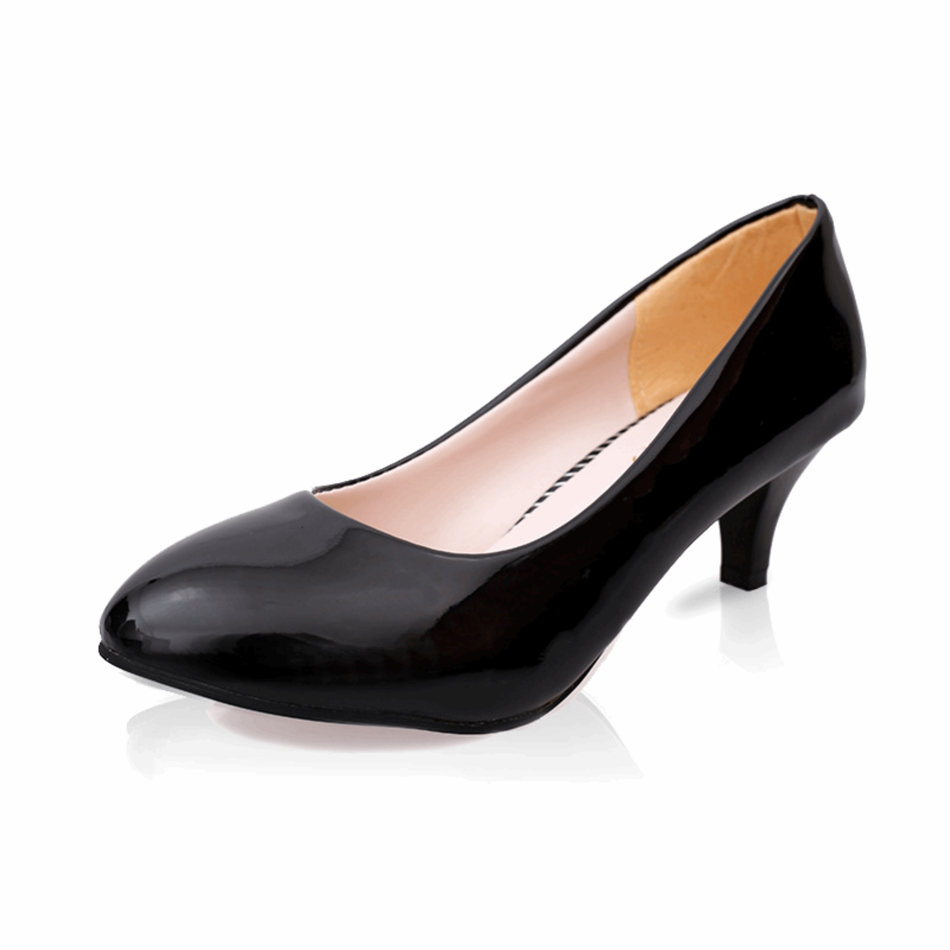 Comfy Round Toe Low Heel Pumps with thick heel and shallow mouth. Made of artificial PU with microfiber lining. Available in black and white, sizes 35-41