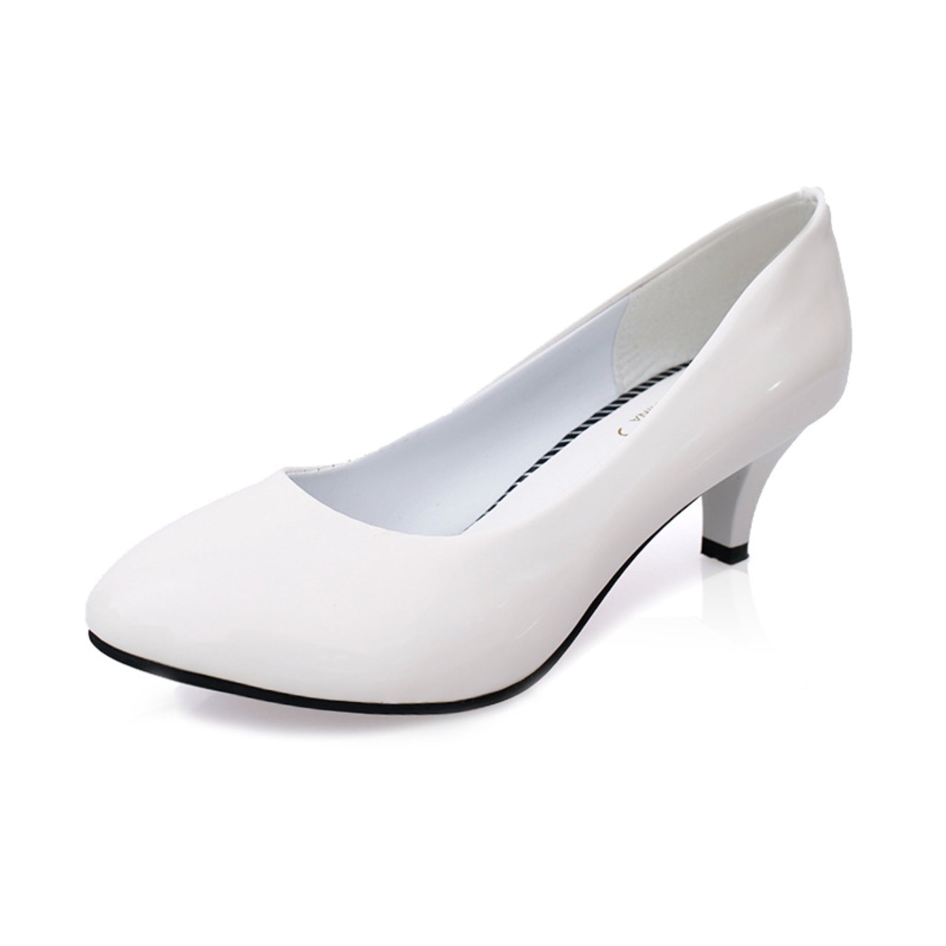 Comfy Round Toe Low Heel Pumps with thick heel and shallow mouth. Made of artificial PU with microfiber lining. Available in black and white, sizes 35-41