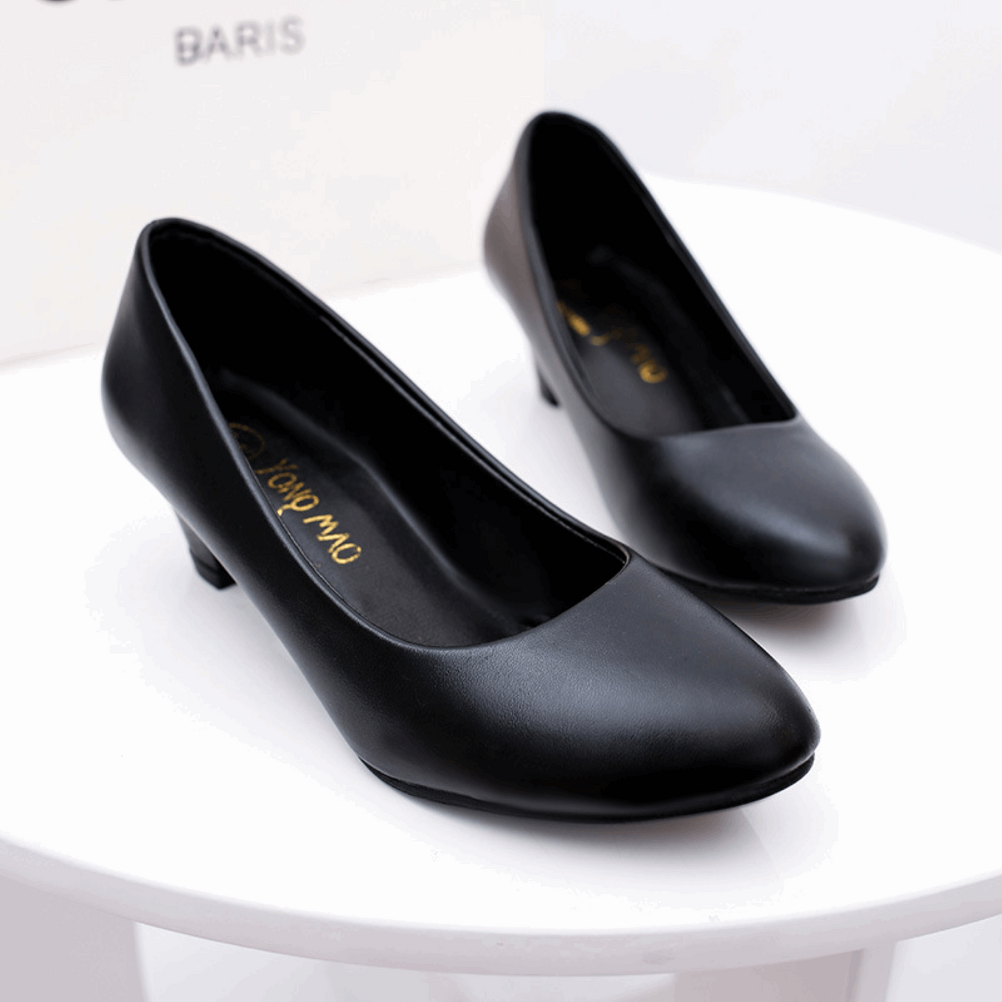 Comfy Round Toe Low Heel Pumps with thick heel and shallow mouth. Made of artificial PU with microfiber lining. Available in black and white, sizes 35-41