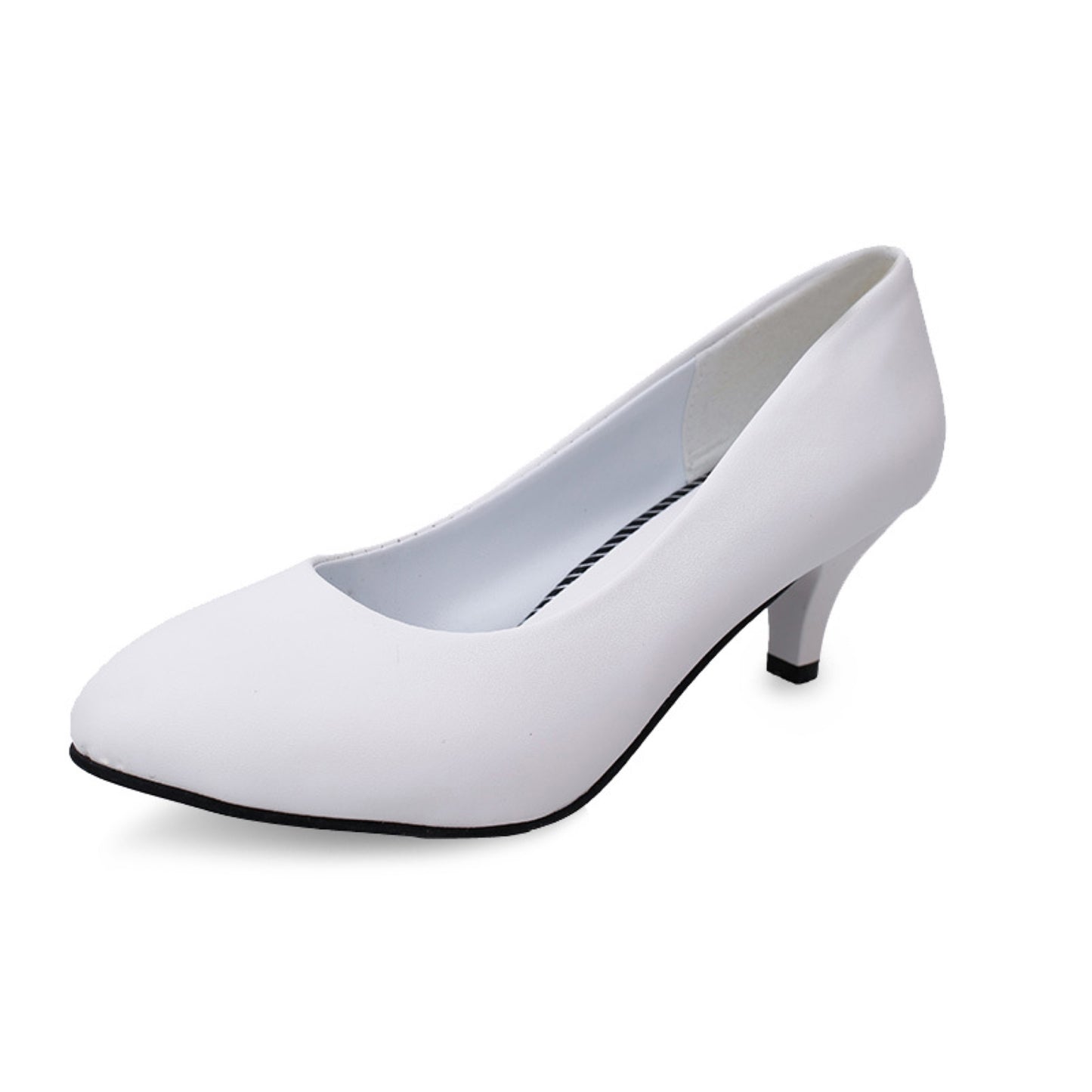 Comfy Round Toe Low Heel Pumps with thick heel and shallow mouth. Made of artificial PU with microfiber lining. Available in black and white, sizes 35-41