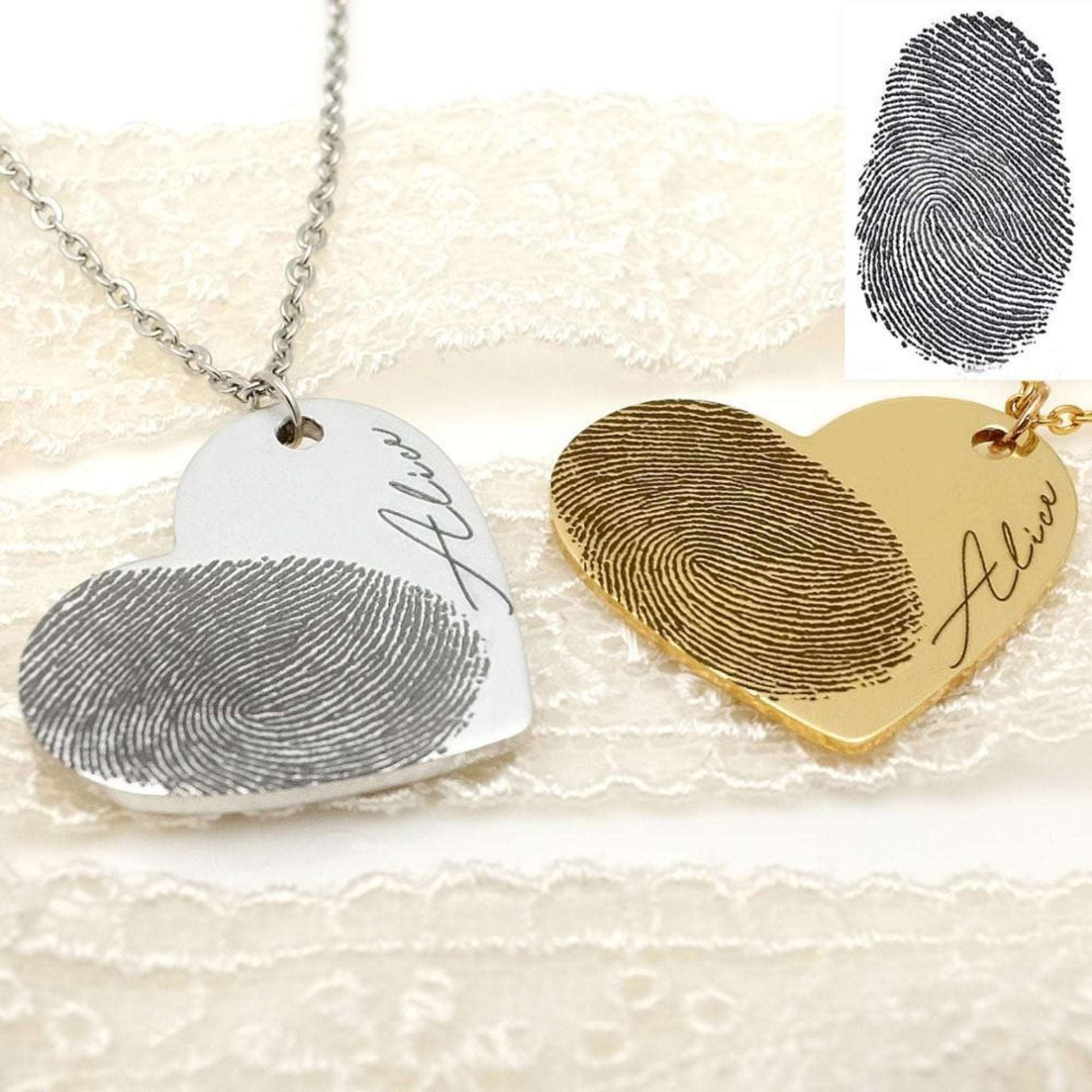 Personalized heart-shaped necklace featuring a unique fingerprint design, symbolizing love and connection. This custom piece is perfect for celebrating special moments and making a meaningful gift.