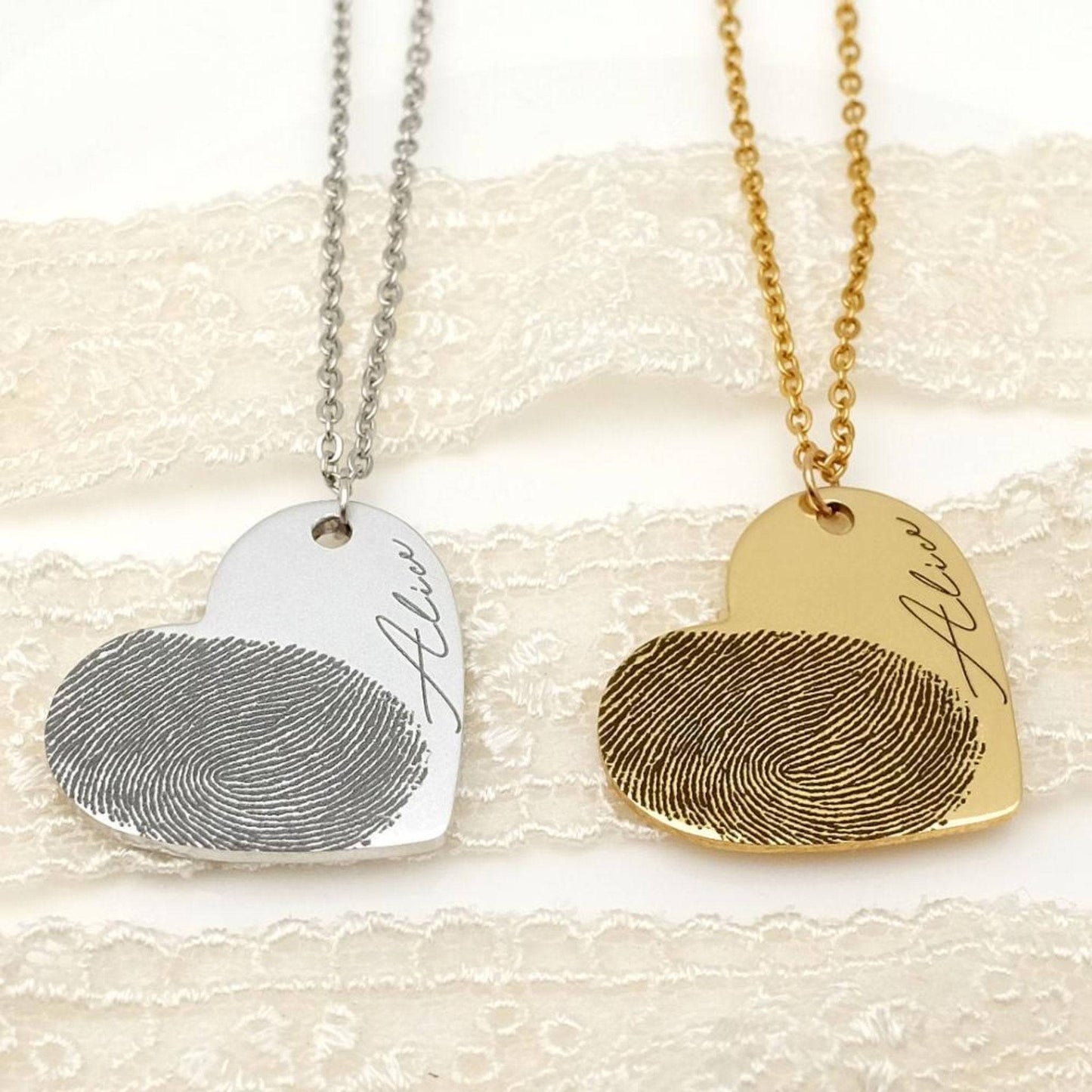 Personalized heart-shaped necklace featuring a unique fingerprint design, symbolizing love and connection. This custom piece is perfect for celebrating special moments and making a meaningful gift.