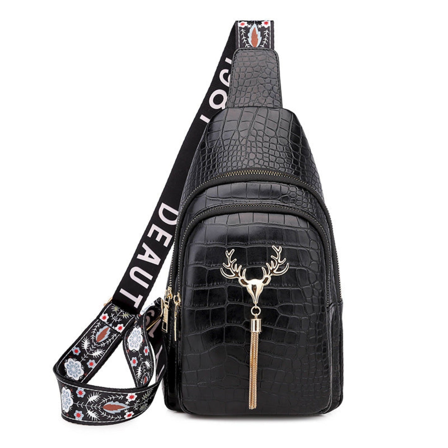 Chic crossbody bag adorned with a deer motif and stylish tassels. This trendy accessory combines functionality with a unique design, making it perfect for everyday use or a night out.