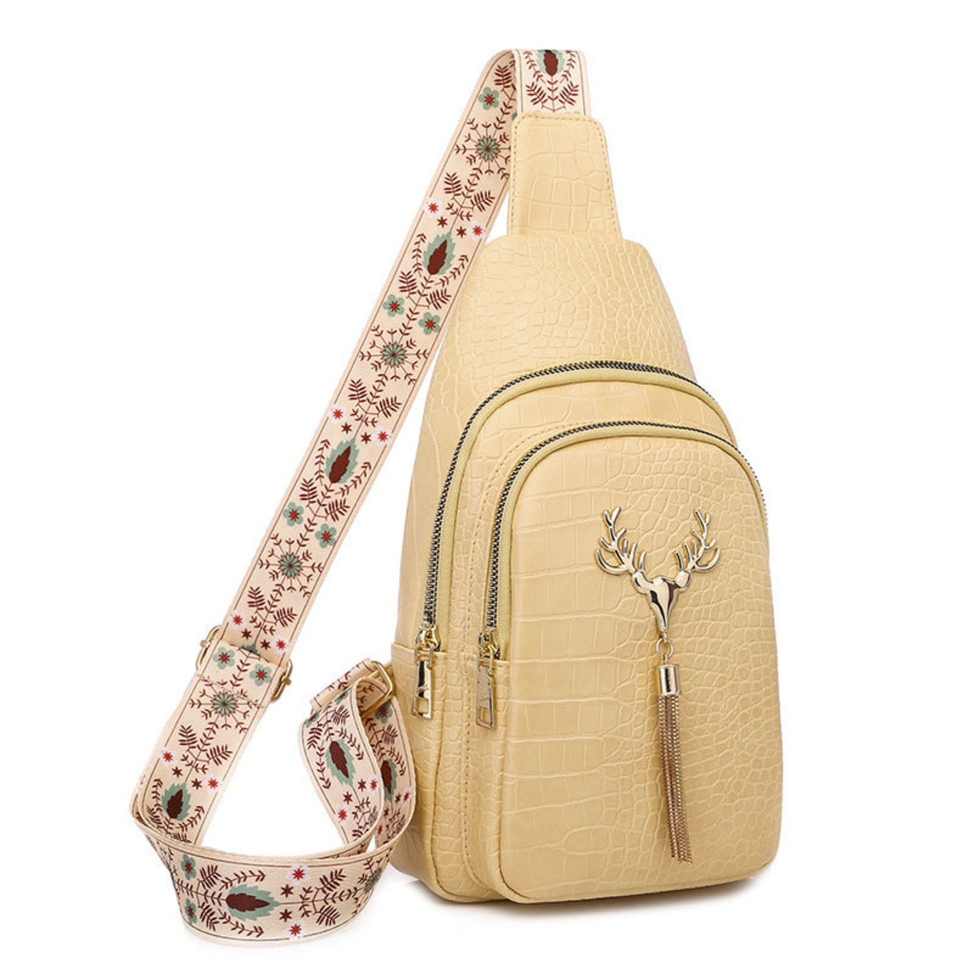 Chic crossbody bag adorned with a deer motif and stylish tassels. This trendy accessory combines functionality with a unique design, making it perfect for everyday use or a night out.