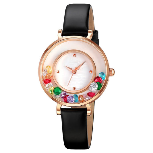 Elegant women's wristwatch with a gemstone-accented bezel, featuring a sleek, minimalist design for a refined, sophisticated look.