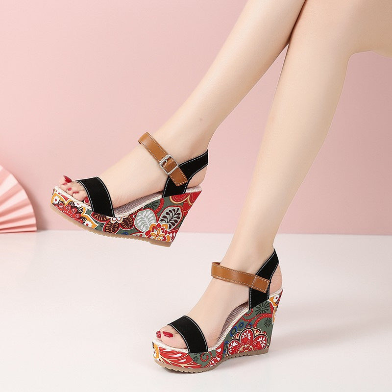 Embroidered wedge sandals for women featuring PU upper, round toe, rubber sole, and one-piece buckle strap for a secure, stylish look