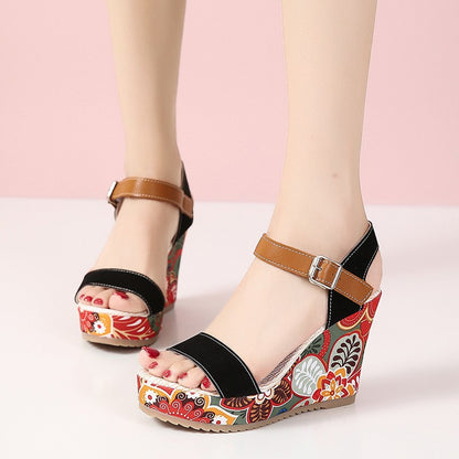 Embroidered wedge sandals for women featuring PU upper, round toe, rubber sole, and one-piece buckle strap for a secure, stylish look