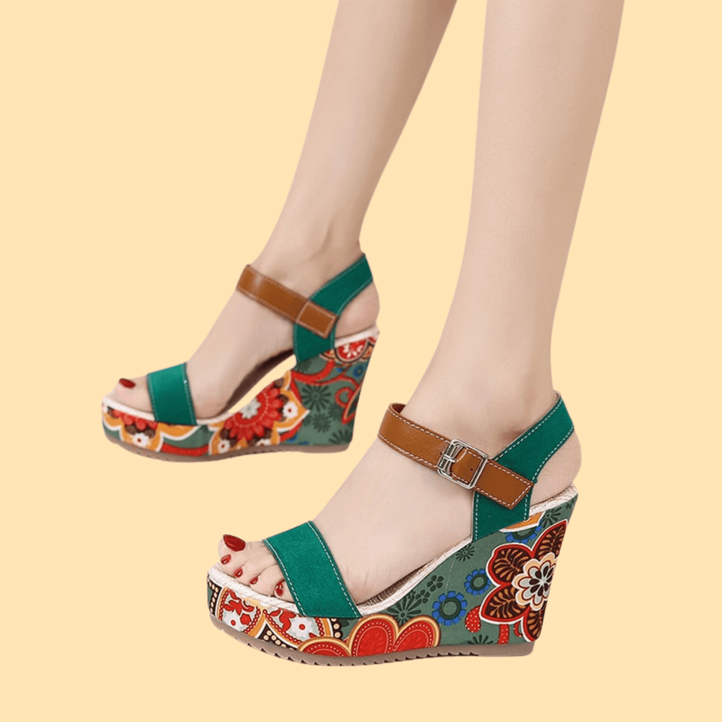 Embroidered wedge sandals for women featuring PU upper, round toe, rubber sole, and one-piece buckle strap for a secure, stylish look