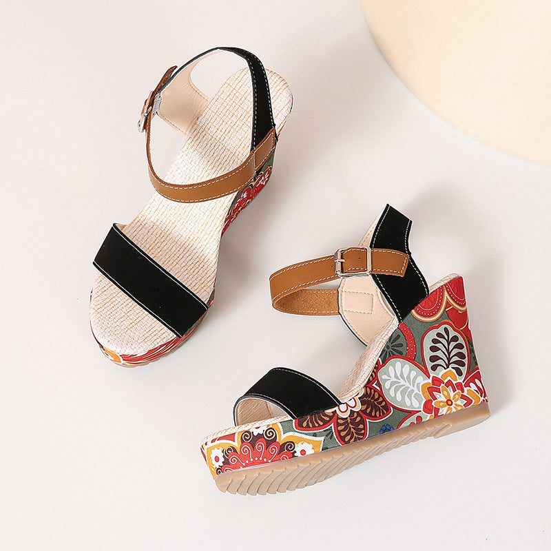 Embroidered wedge sandals for women featuring PU upper, round toe, rubber sole, and one-piece buckle strap for a secure, stylish look