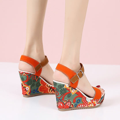 Embroidered wedge sandals for women featuring PU upper, round toe, rubber sole, and one-piece buckle strap for a secure, stylish look