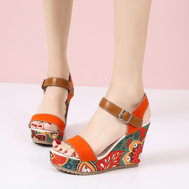 Embroidered wedge sandals for women featuring PU upper, round toe, rubber sole, and one-piece buckle strap for a secure, stylish look