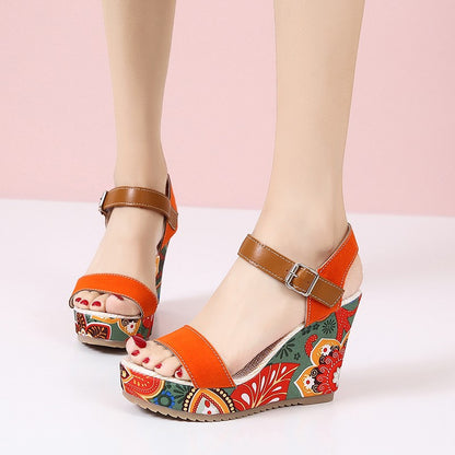 Embroidered wedge sandals for women featuring PU upper, round toe, rubber sole, and one-piece buckle strap for a secure, stylish look