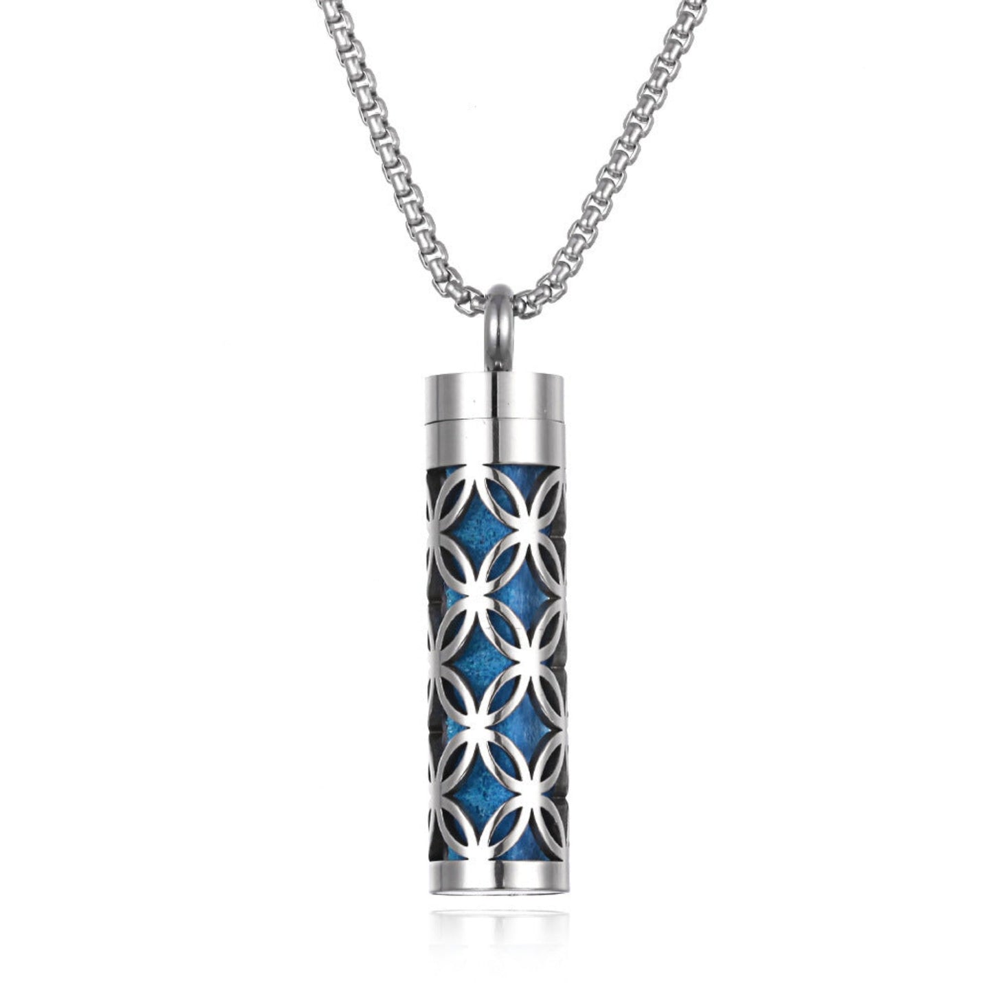 Stylish pendant necklace with an essential oil diffuser, featuring an intricate design that allows for a subtle release of fragrance, perfect for a personal, on-the-go aromatherapy experience.