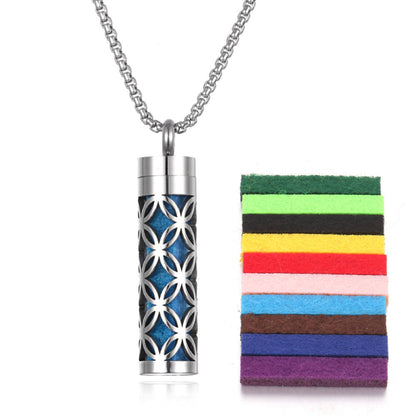 Stylish pendant necklace with an essential oil diffuser, featuring an intricate design that allows for a subtle release of fragrance, perfect for a personal, on-the-go aromatherapy experience.