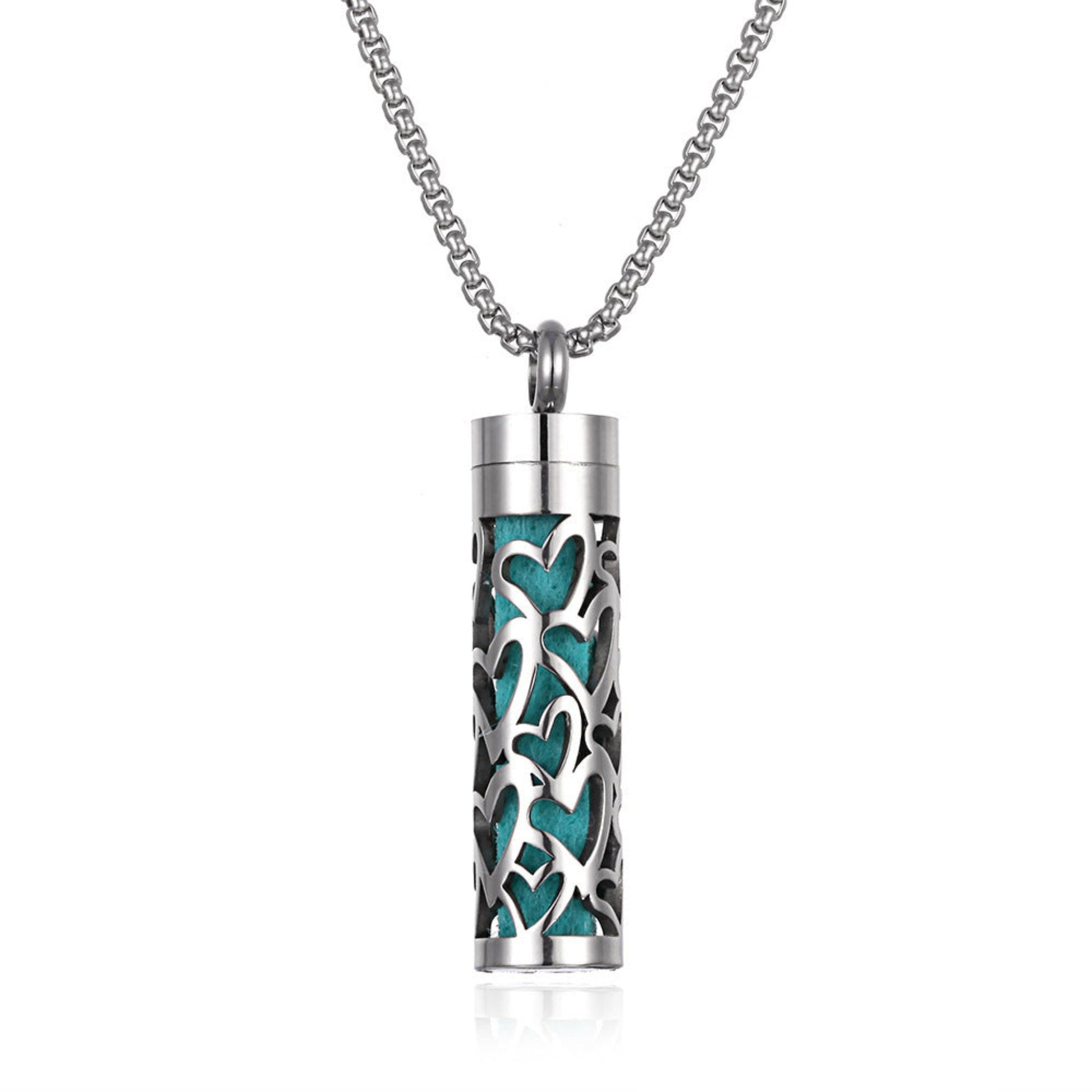 Stylish pendant necklace with an essential oil diffuser, featuring an intricate design that allows for a subtle release of fragrance, perfect for a personal, on-the-go aromatherapy experience.