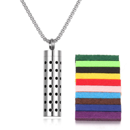 Stylish pendant necklace with an essential oil diffuser, featuring an intricate design that allows for a subtle release of fragrance, perfect for a personal, on-the-go aromatherapy experience.