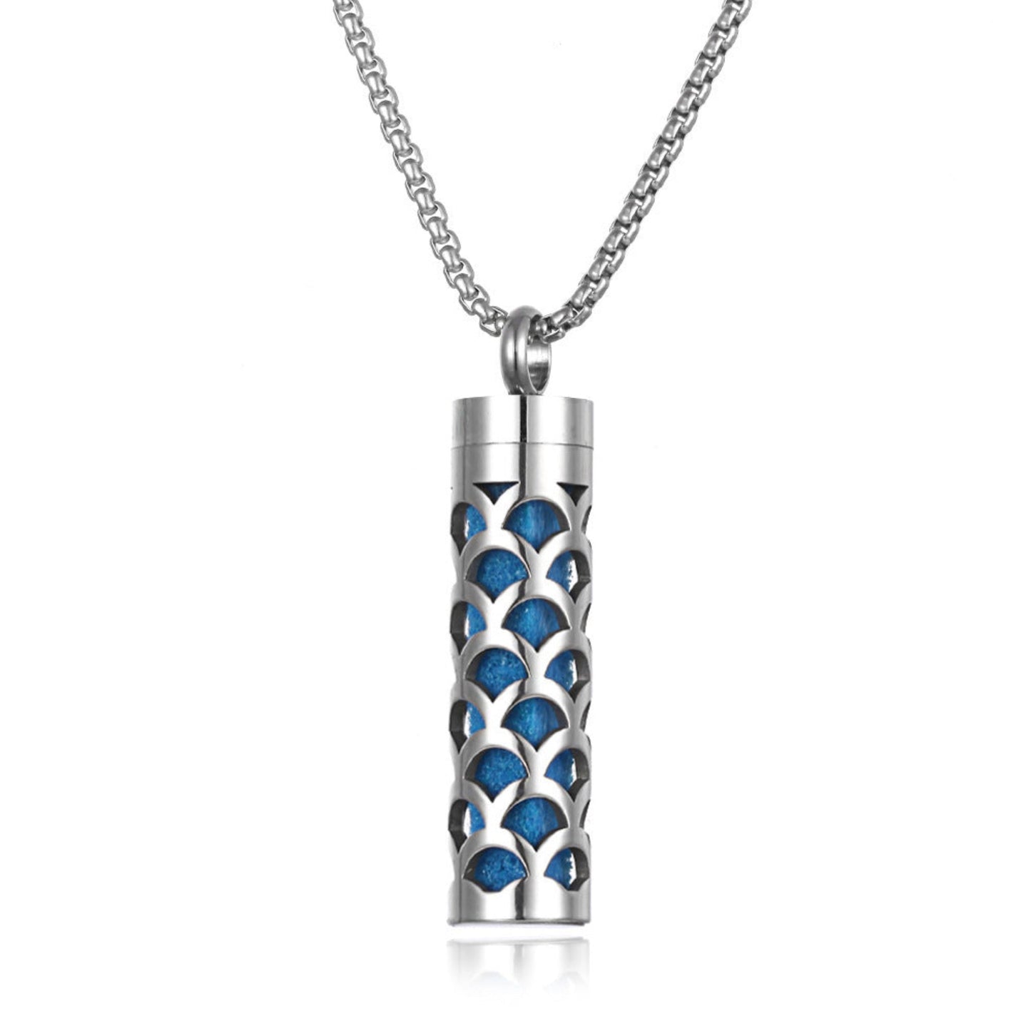 Stylish pendant necklace with an essential oil diffuser, featuring an intricate design that allows for a subtle release of fragrance, perfect for a personal, on-the-go aromatherapy experience.