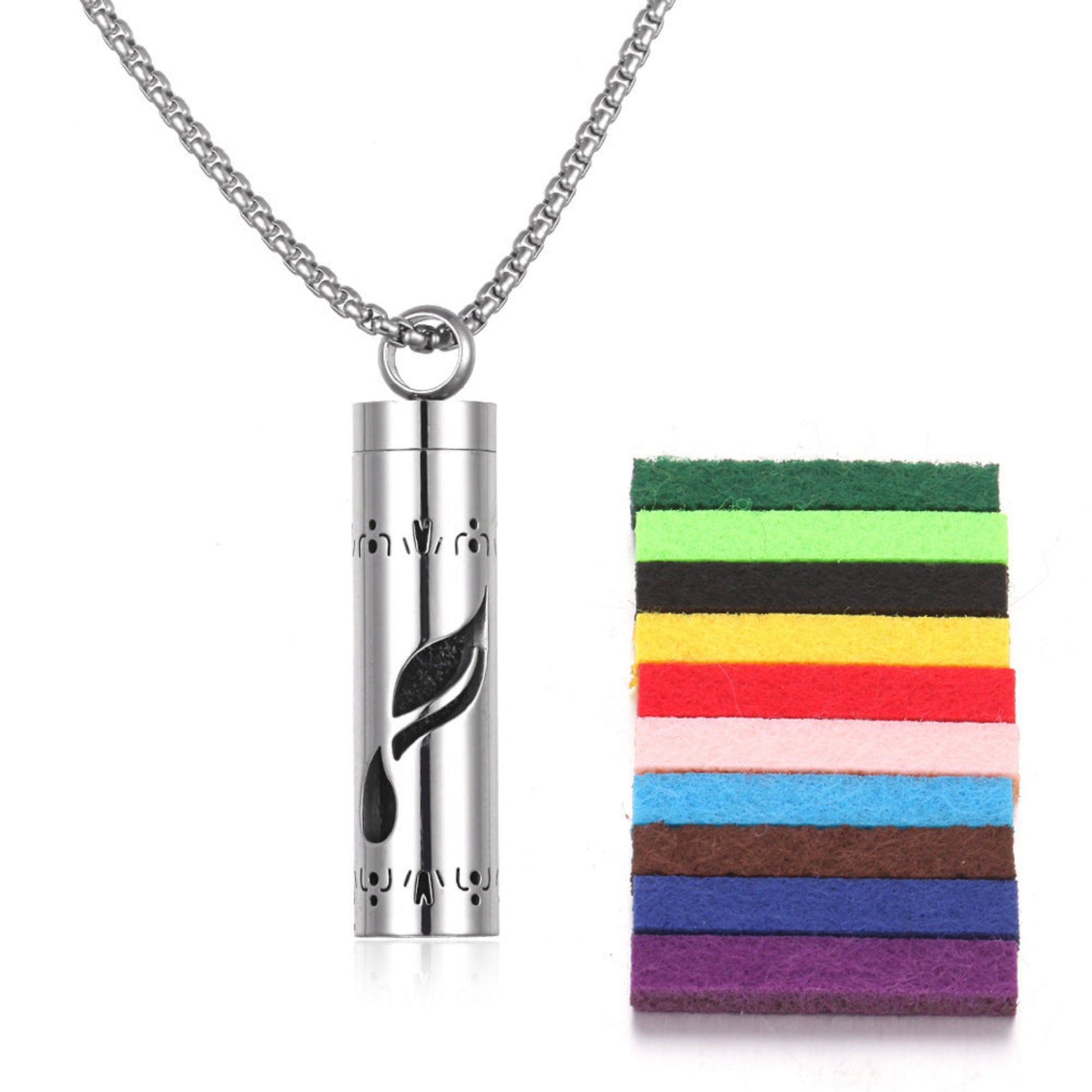 Stylish pendant necklace with an essential oil diffuser, featuring an intricate design that allows for a subtle release of fragrance, perfect for a personal, on-the-go aromatherapy experience.