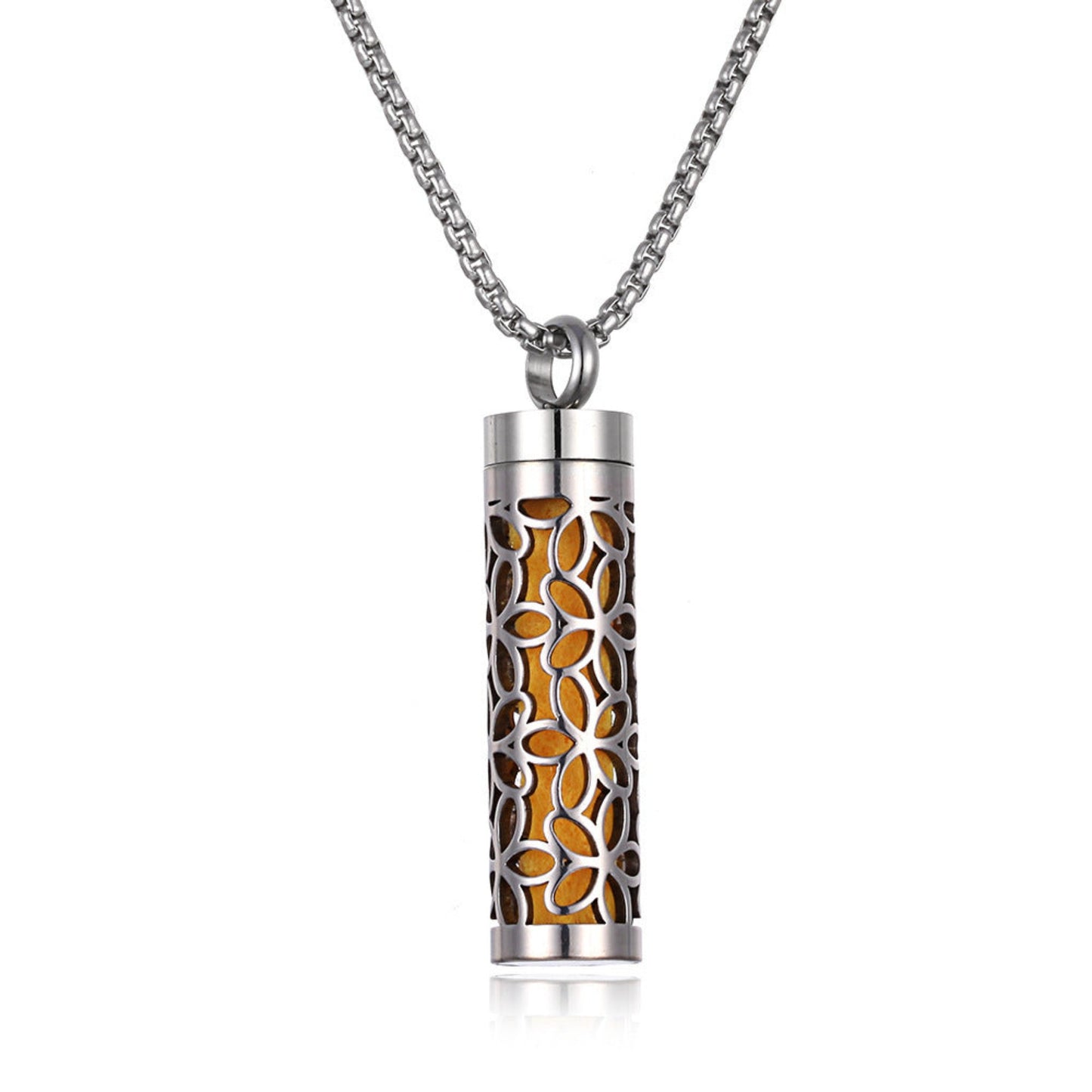 Stylish pendant necklace with an essential oil diffuser, featuring an intricate design that allows for a subtle release of fragrance, perfect for a personal, on-the-go aromatherapy experience.