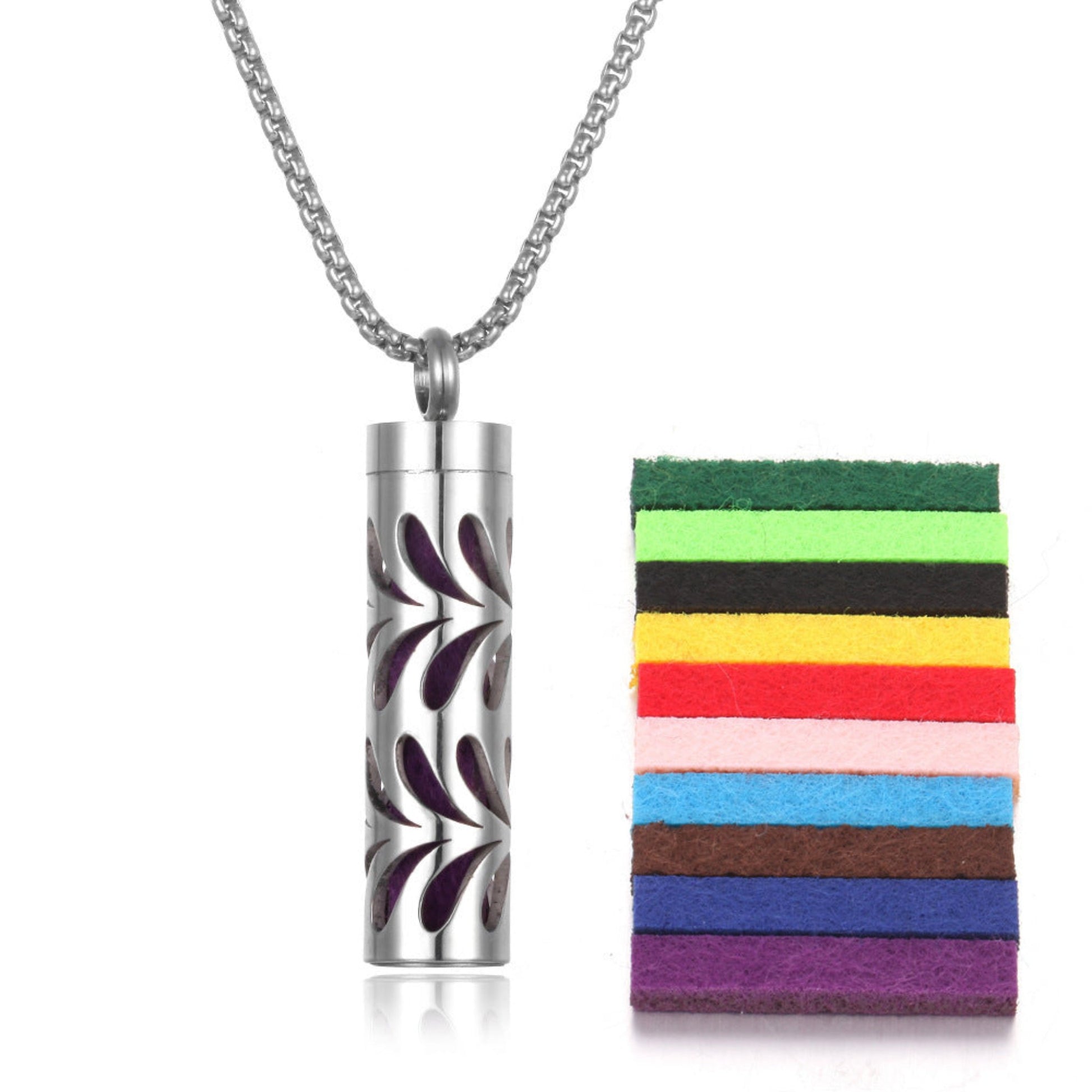 Stylish pendant necklace with an essential oil diffuser, featuring an intricate design that allows for a subtle release of fragrance, perfect for a personal, on-the-go aromatherapy experience.