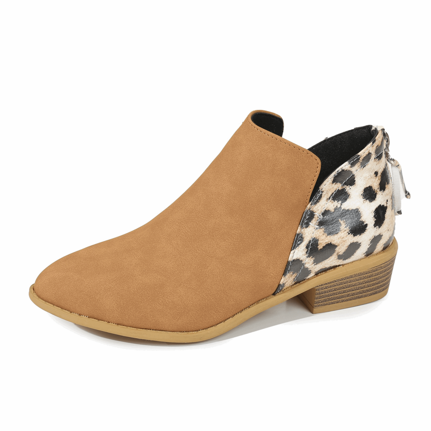 Leopard print suede boots with chunky heel, pointed toe, and back zipper, perfect for stylish women looking for trendy, comfortable footwear