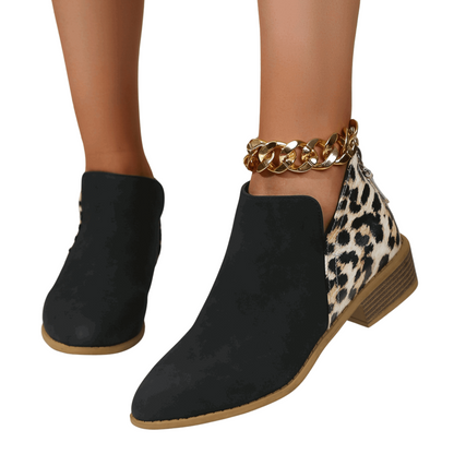 Leopard print suede boots with chunky heel, pointed toe, and back zipper, perfect for stylish women looking for trendy, comfortable footwear