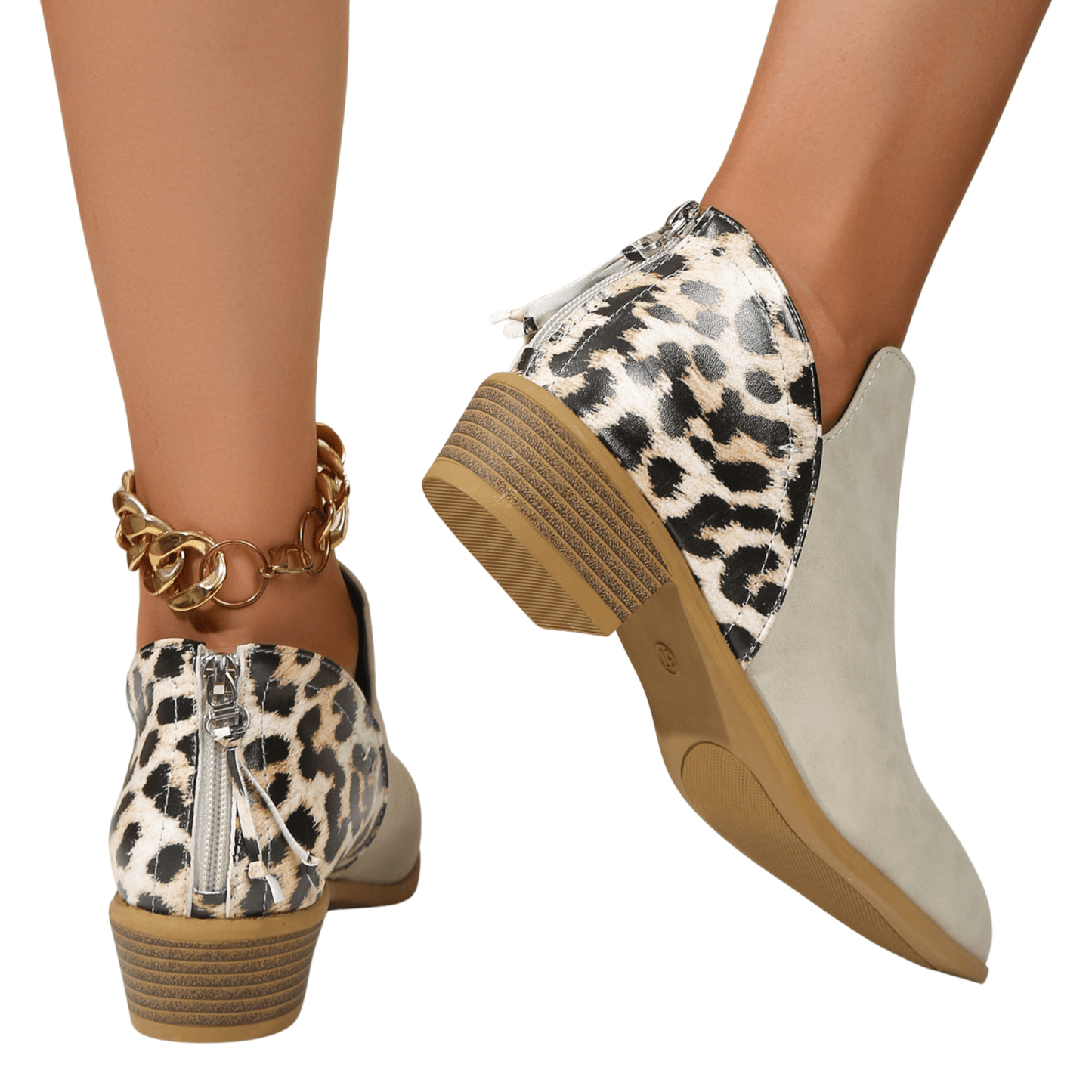 Leopard print suede boots with chunky heel, pointed toe, and back zipper, perfect for stylish women looking for trendy, comfortable footwear