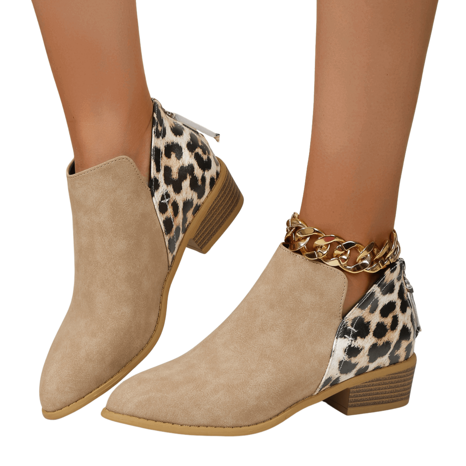 Leopard print suede boots with chunky heel, pointed toe, and back zipper, perfect for stylish women looking for trendy, comfortable footwear