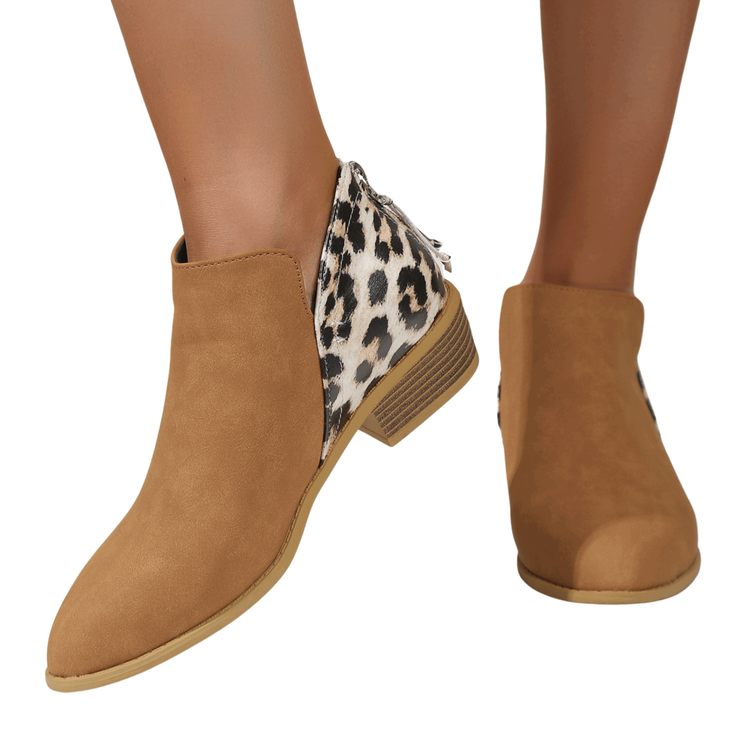 Leopard print suede boots with chunky heel, pointed toe, and back zipper, perfect for stylish women looking for trendy, comfortable footwear