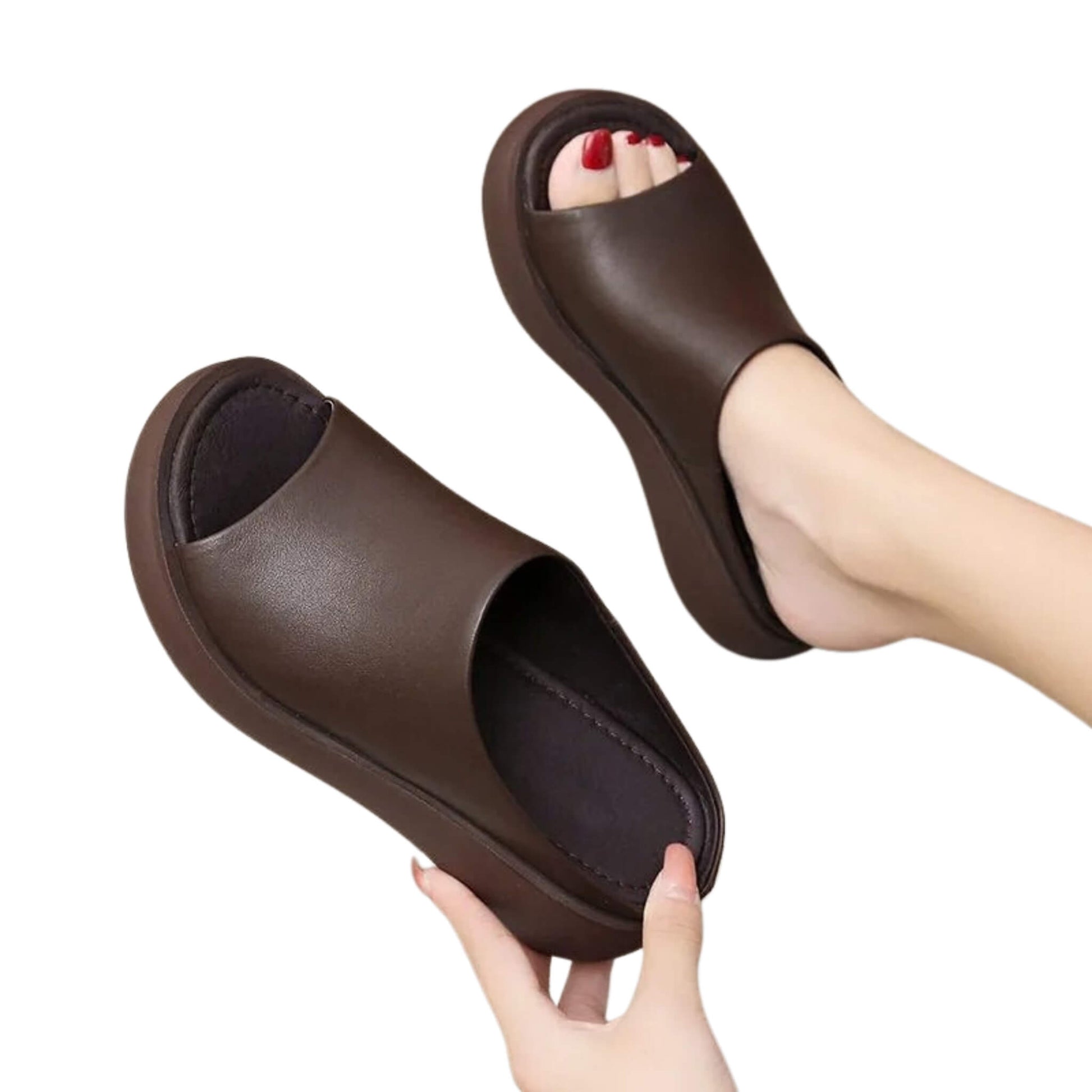 Platform wedge heel sandals in black and light brown. Women’s stylish PU material sandals with fish mouth toe design