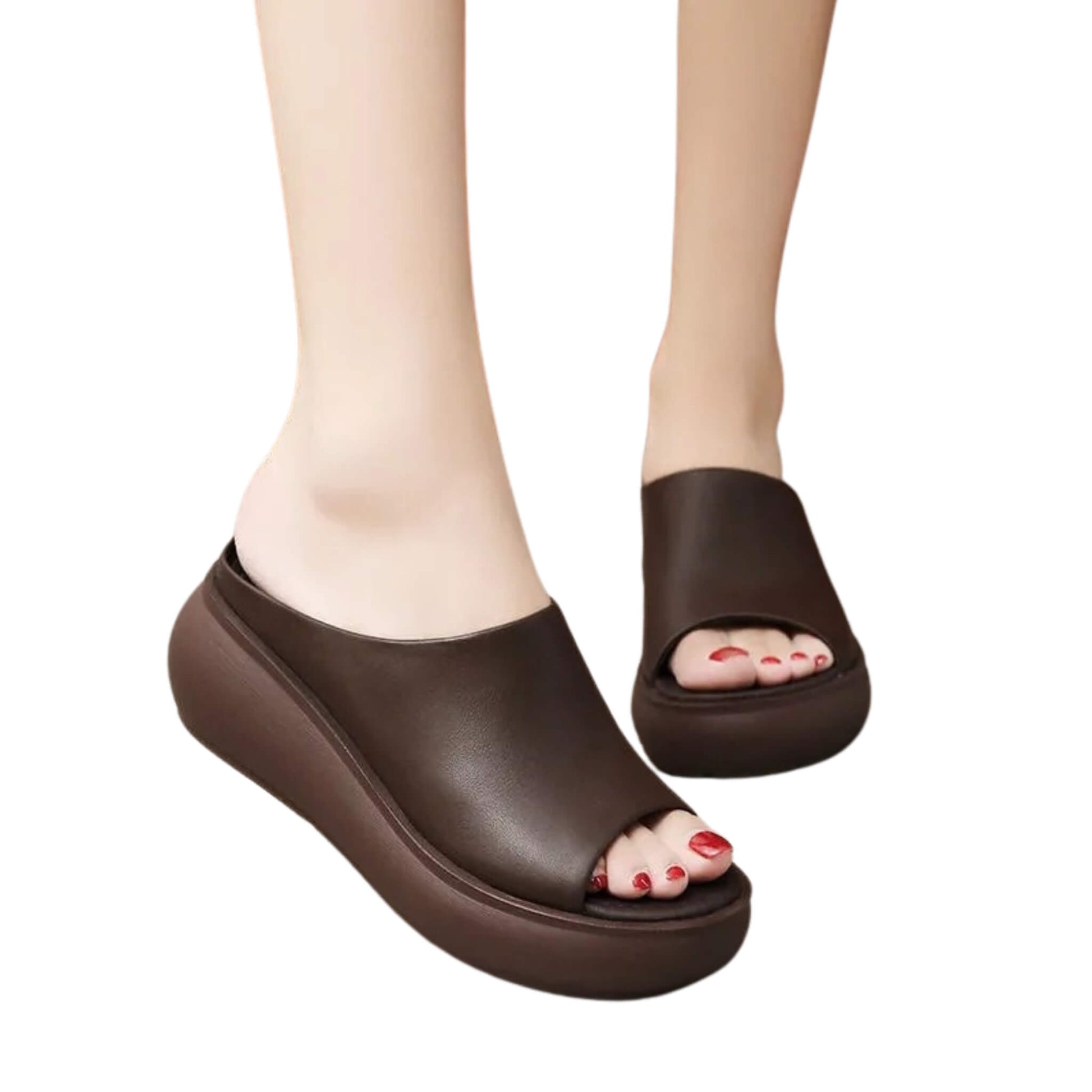 Platform wedge heel sandals in black and light brown. Women’s stylish PU material sandals with fish mouth toe design