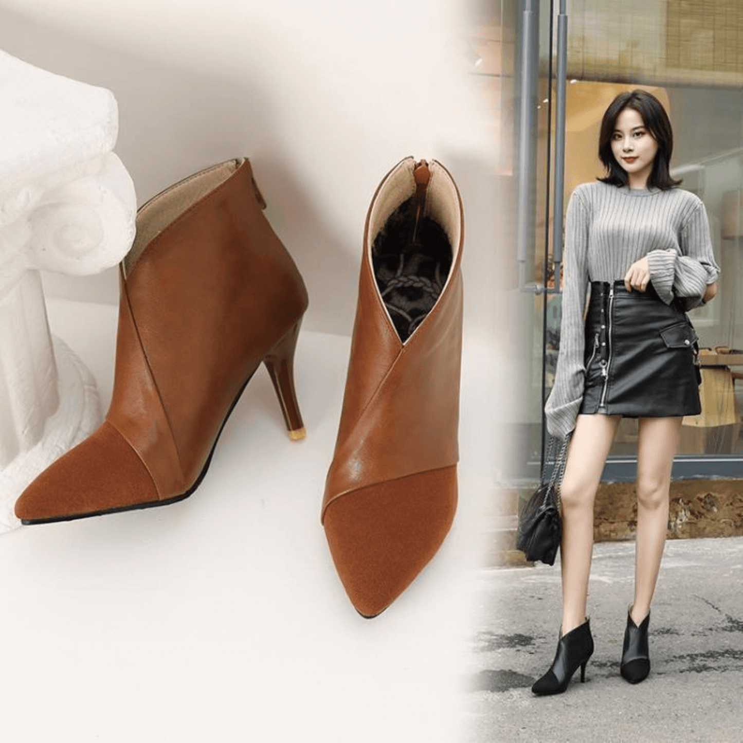 Elegant and versatile pointed-toe ankle boots for women, featuring stylish stitching details. These chic, minimalist boots offer comfort and sophistication, perfect for pairing with casual or dressy outfits alike