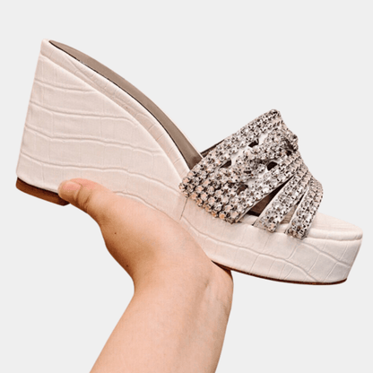 Fashion Wedge Heel Rhinestone Slippers for women, featuring leather upper, rubber sole, and sparkling rhinestones in multiple colors