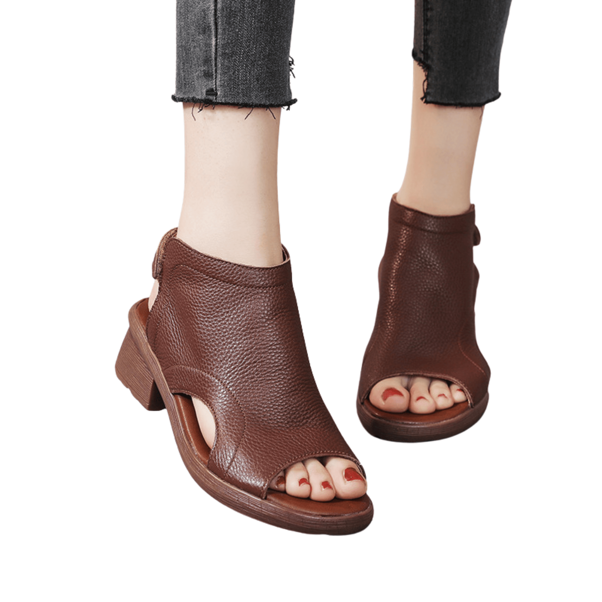 Genuine Leather Retro Artistic Women's Sandals with Fish Mouth Toe, Mid Heel, Soft Bottom for Comfortable Wear - Available in Black and Brown