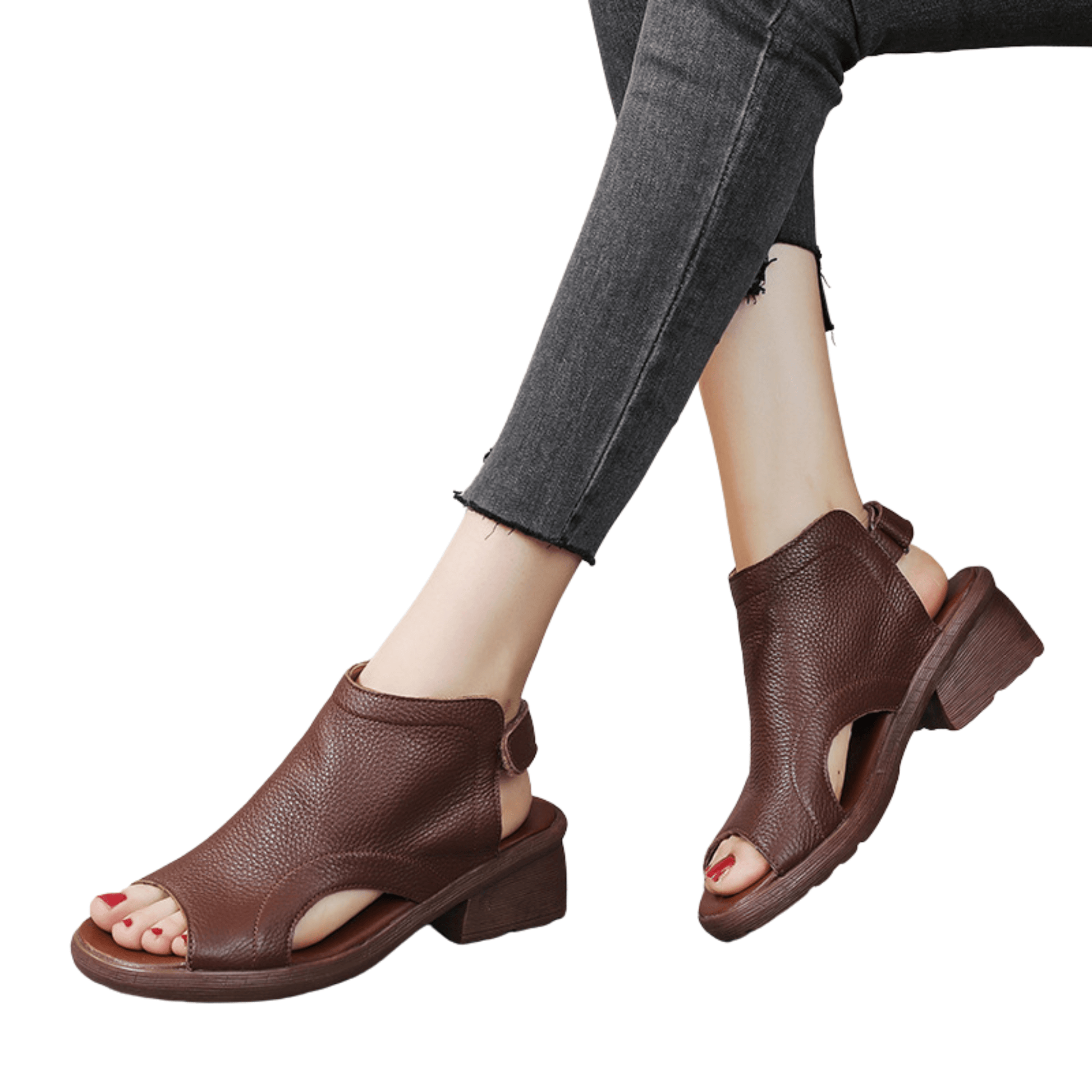 Genuine Leather Retro Artistic Women's Sandals with Fish Mouth Toe, Mid Heel, Soft Bottom for Comfortable Wear - Available in Black and Brown