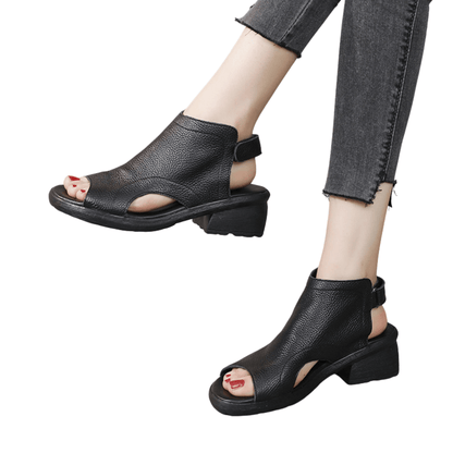 Genuine Leather Retro Artistic Women's Sandals with Fish Mouth Toe, Mid Heel, Soft Bottom for Comfortable Wear - Available in Black and Brown