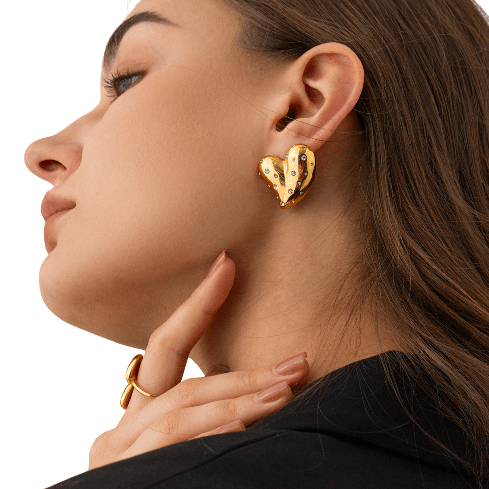 Gold-plated heart earrings with geometric ring design, stainless steel, lightweight, electroplated finish, trendy ins style for women