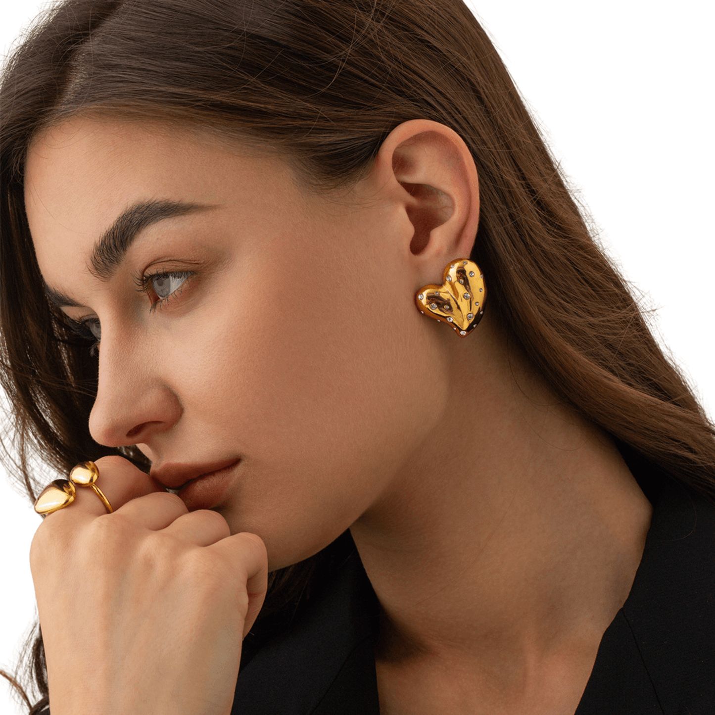 Gold-plated heart earrings with geometric ring design, stainless steel, lightweight, electroplated finish, trendy ins style for women