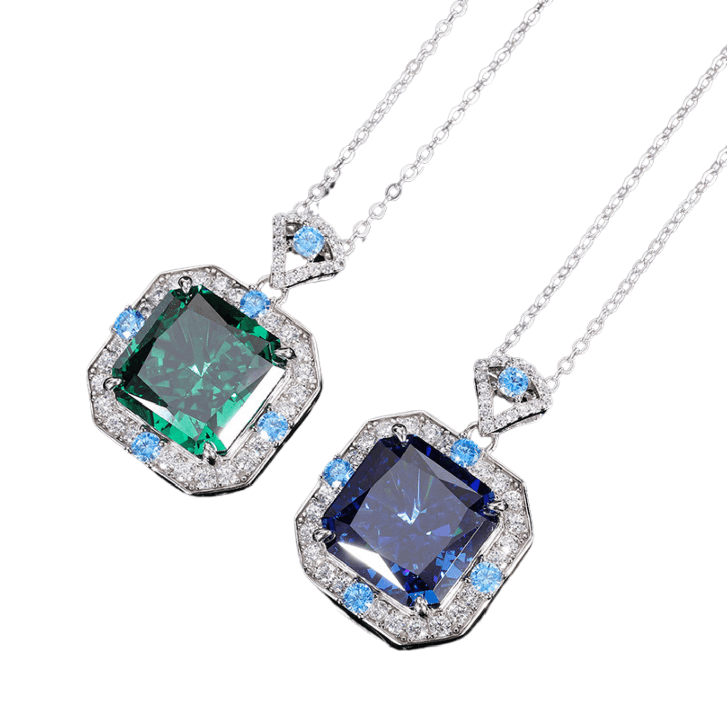 Elegant geometric silver pendant with sapphire blue and emerald accents, ideal for women’s casual or formal wear, versatile jewelry