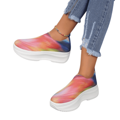 Gradient sneakers for women in rose red, blue, and purple. Lightweight mesh upper, rubber sole, height-increasing design